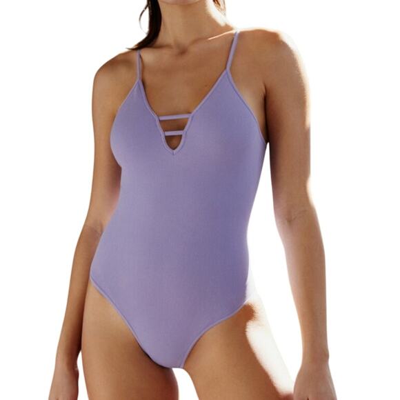 Free People Movement Dance All Day Bodysuit M-L Nitro Purple Strappy Boho Active - Picture 1 of 11